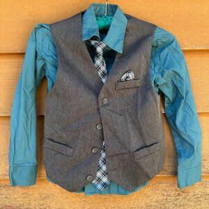 Dockers Boys 4-Piece Set W/ Blue Shirt Gray Vest & Plaid Clip-On Tie Size 7
